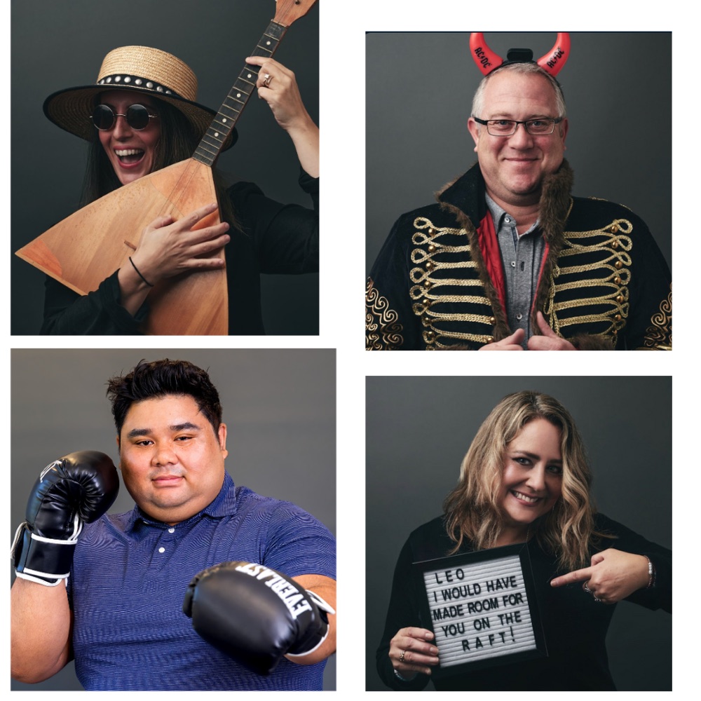 Four team members in playful costume portraits
